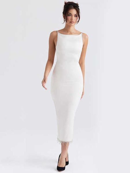 Vestido de festa elegante e chique para mulheres diamantes de luxo TRAVER ROPOS DE CELEBRIDADE 2 Camadas Casamento de cetim Vestido branco