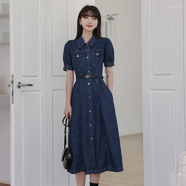 Party Kleider Midi Denim Kleid Frauen Drehen Unten Kragen Sommer Kurzarm Schärpen Jeans Harajuku Vestidos Mit Taschen