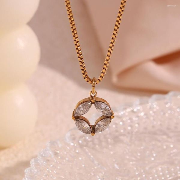 Anhänger Halsketten Einfache Runde Zirkon Box Kette Edelstahl Link Kragen Halskette Goldene Damen Trendy Mode Schmuck Geschenk