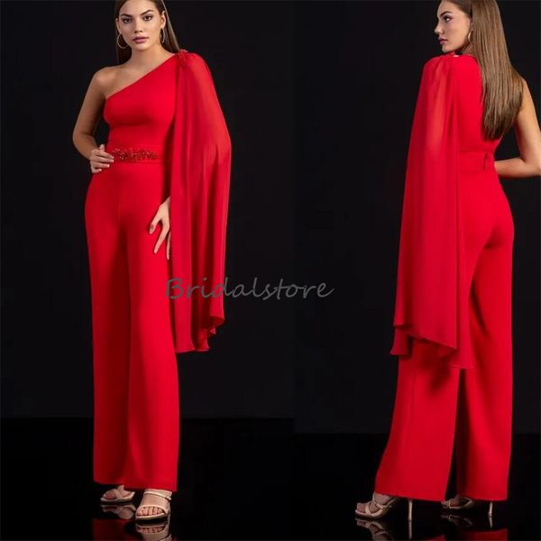 Schickes rotes Jumpsuit-Abschlussballkleid mit Perlen 2023, One-Shoulder-Boho-Hose, formeller Abendanzug, elegantes Satin, koreanische Partykleider, neue Robe de Soiree, Vestido de Noche für Damen