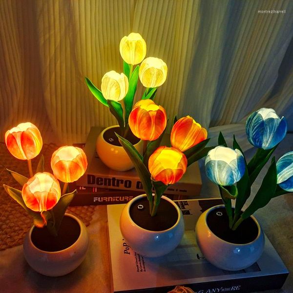 Lampade da tavolo Ricaricabile Tulip LED Flower Lamp Atmosfera romantica Simulazione Desktop Night Light per la decorazione domestica Office Bar Cafe