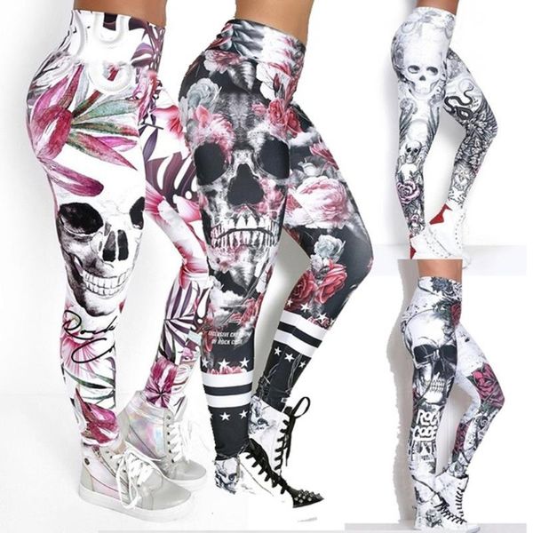 Leggings femininas Mulheres Cantura alta Hip Hop Skull Print Sports Running Gym Fitness Workout Skinny Stretch Long Troushers Bottoms