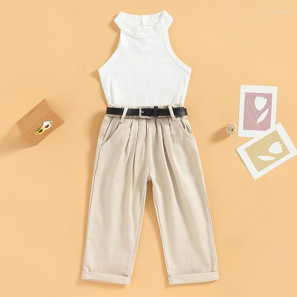 Kleidungssets für Kinder, Babys, Mädchen, Sommer-Outfit, einfarbig, gerippt, ärmellos, Tank-Tops, Stretch, Freizeithose, Gürtel-Set, 0–6 Jahre