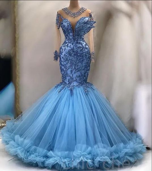 Abiti da cerimonia da sera a maniche lunghe a sirena blu cielo 2023 Abito da fidanzamento da ballo con applicazioni di perline Gillter Aso Ebi Princess