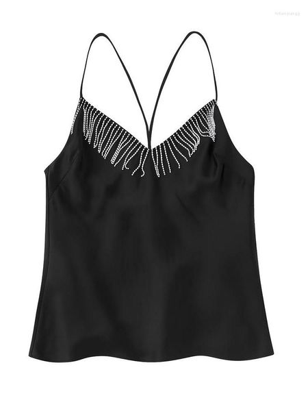 Damen Tanks ZXQJ Frauen 2023 Mode mit Strass Fransen Tank Tops Vintage V-Ausschnitt zurück Kreuzgurte weibliche Camis Mujer