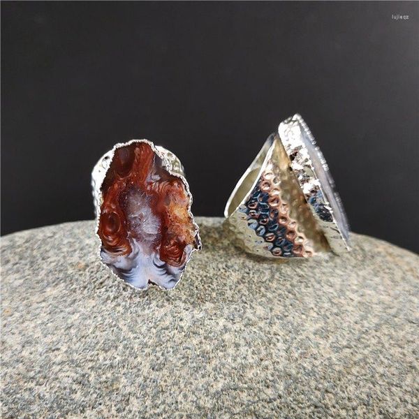 Küme halkaları fuwo 5 adet/lot gümüş kaplama doğal geode ring şaşırtıcı tasarım açık agates kristal ayarlanabilir takı toptan rg028