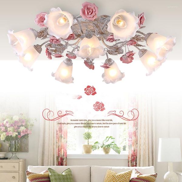 Потолочные огни Идиллический кованый железо цветок и травяная лампа гостиная спальня Романтическая розовая девочка теплое домашнее хозяйство 110-240V