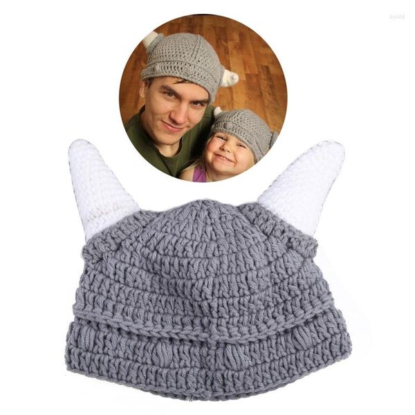 Berretti Cappello invernale genitore-figlio Retro Beanie Vintage Knit Divertente 3D Box Horn Hip Hop Halloween Barbarian Viking Skullcap