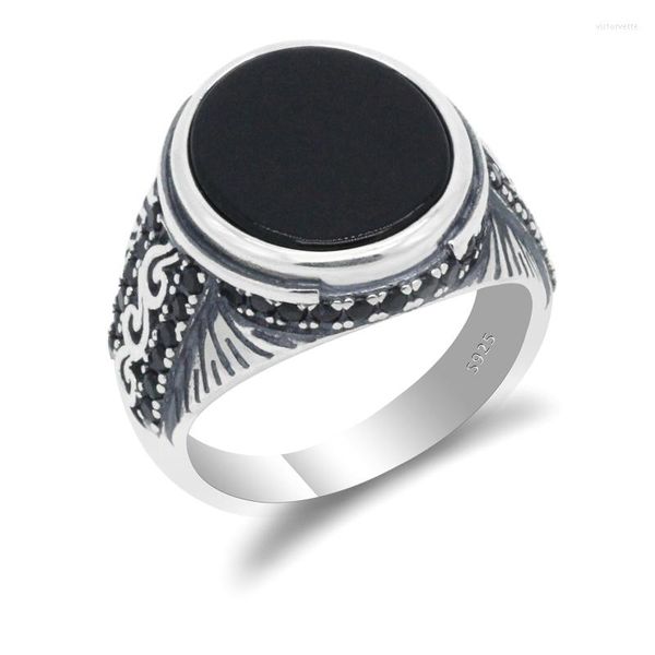 Cluster Ringe Onyx Männer S925 Sterling Silber Natürlicher schwarzer flacher Steinring mit CZ Glück für Mann Frauen Türkischer handgemachter Vintage-Schmuck