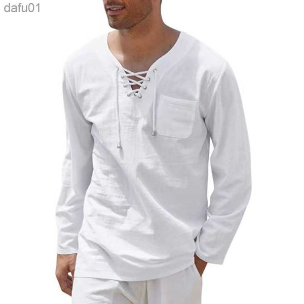 Camisetas masculinas de verão Novo mangas compridas masculas roupas de linho de algodão Viando de pescoço de pescoço Tamas soltas camise