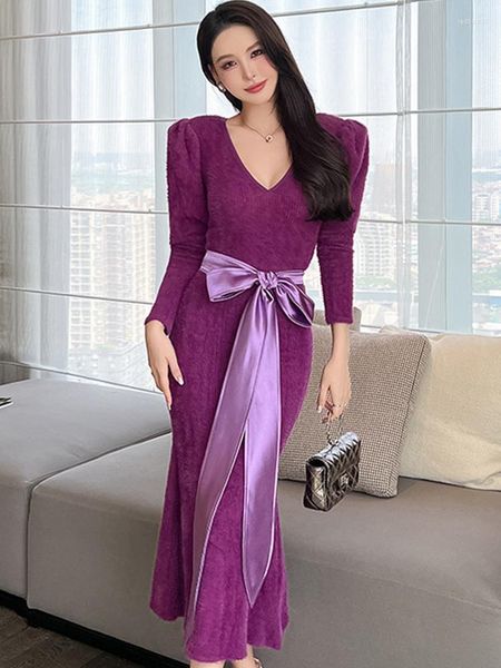 Vestidos casuais Autumn Winter Knited Women Dress Dress Sweater Temperamento Purple-deco