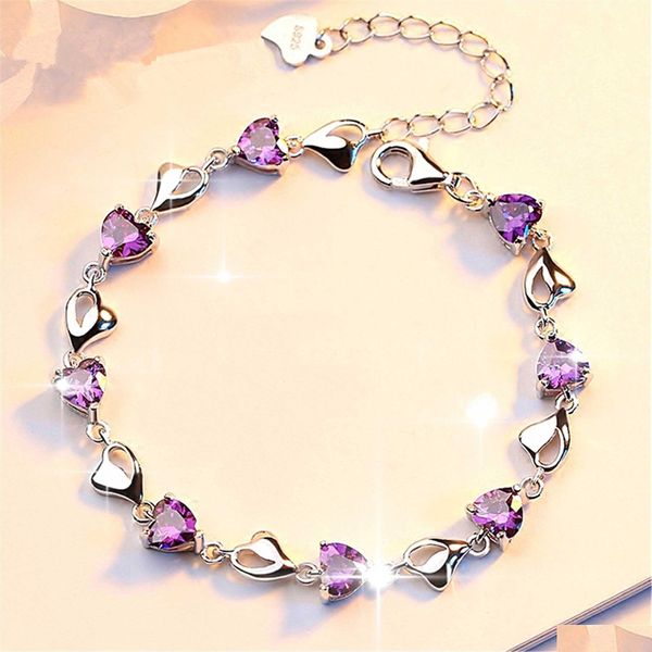 Charm Armbänder Lila Kristall Herz Armband Romantisches Geschenk Rosa Blau Amethyst Zirkon Für Frauen Schmuck Drop Lieferung Dh4Q1