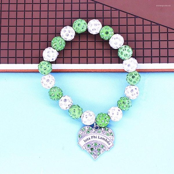 Braccialetti con ciondoli Design personalizzato Bianco Verde Palla da discoteca Perline di cristallo Cuore Intarsio Adesivo Lettere greche Iota Phi Bracciale Lambda Elastico per