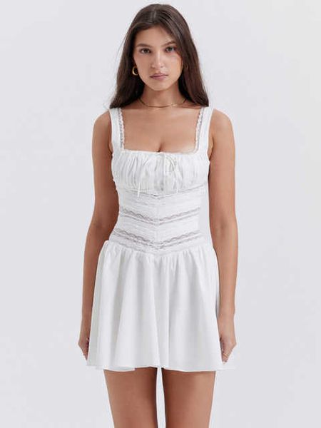 Novo em 2023 Mini vestido de guarnição de renda doce para mulheres roupas de festa de jardim chique e elegante vestido branco de pescoço quadrado