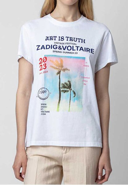 23ss Zadig Voltaire Sommer Baumwolle Neue Designer T-shirt Kokosnussbaum Landschaft Weiße Tinte Digitaldruck Hot Diamond Frauen Kurzarm Mode Tops