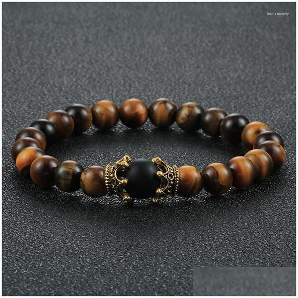 Strand de miçanga de 8 mm de olho tigre Black Onyx Bracelet para homens Moda Moda Dourado King Crown Natural Lava Rock Breads Bracelets Jewelr DHNMW