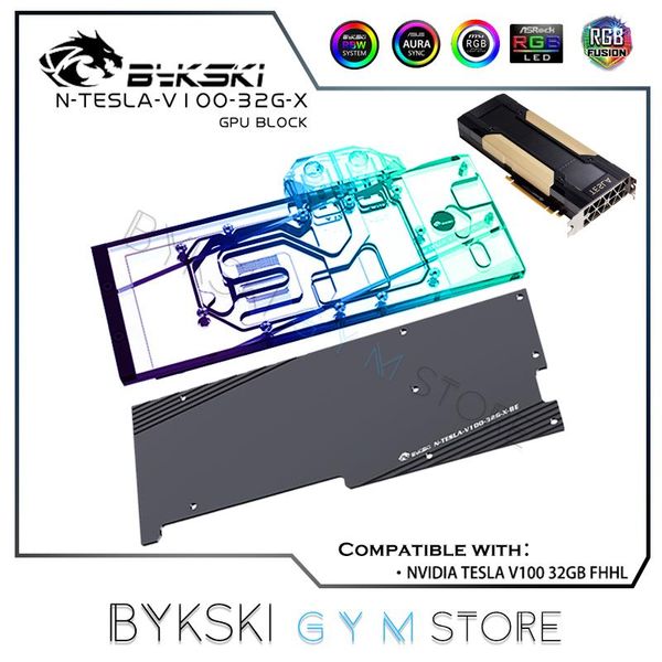 Bloco de água gráfico BYKSKI Bloco de água GPU para Tesla V100 32GB FHHL VGA RECERMOR RGB SYNC NTESLAV10032GX