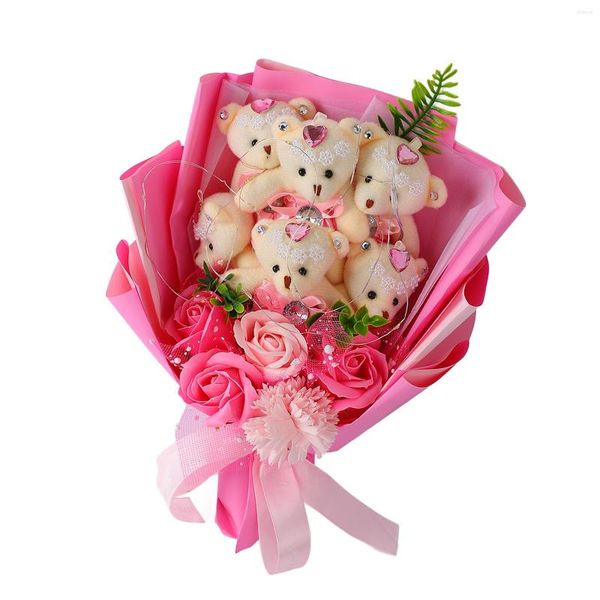 Flores decorativas de buquê de pelúcia de pelúcia cartoon rosa rosa rosa led string aroma leve urso de pelúcia para aniversário de aniversário