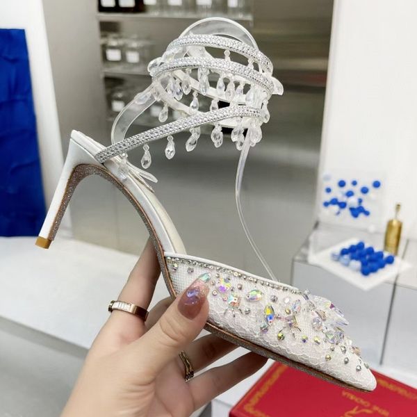 Rene Shoes Sandali con tacco alto Strass e caviglie avvolte in Gao Xi Wedding Crystal Pointed Luxury Designer Fashion 7,5 cm Rc Cleo Caovilla con Box Ball Abito da donna