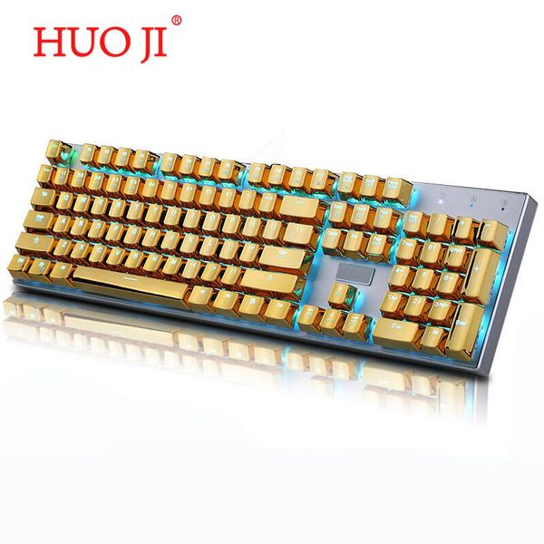 Combos HUOJI прозрачная механическая клавиатура с металлическим покрытием, колпачок для клавиатуры золотого цвета, игровой набор из 104 ключей на заказ
