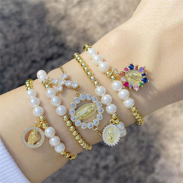 Bracelets de charme Pulseira de cadeia de contas peral de temperamento para Nossa Senhora Zircão Virgem Maria Cruzada Pingente Pulseira Jóias de moda