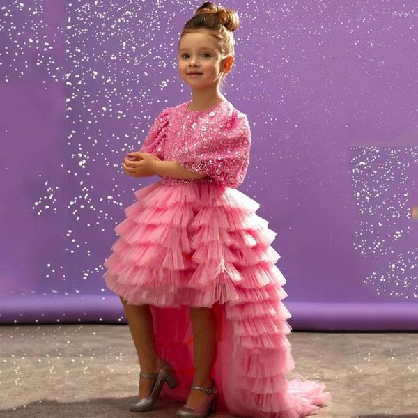 Mädchenkleider, modisches High-Low-Pailletten-Blumenkleid, Puffärmel, abgestuftes kleines Prinzessinnen-Party-Geburtstagskleid