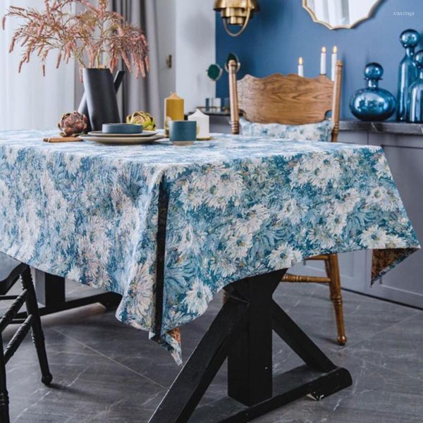 Tischdecke, rechteckig, waschbar, ölbeständig, für Abendessen, dicker, weicher blauer Blumen-Ölgemälde-Druck, Esszimmerbezug