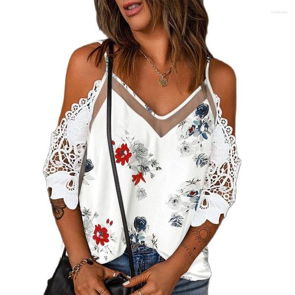 Blusas femininas mulheres moda moda renda branca aparar no ombro frio blusa floral tops hollow out shift fêmea meia manga top blusa casual