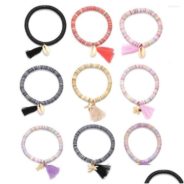 Perlenstrang Boho Mticolor Regenbogen 6 mm Pailletten-Vinylperlen Heishi Kauri Muschel Stretch-Armband Frauen Quaste Hand Charm Surf Jewe Dhvtc