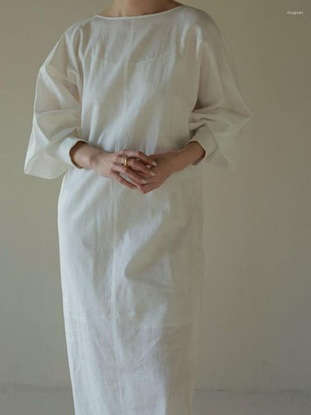 Abiti casual Kuzuwata French Art Lazy Open Back Dress 2023 Primavera Estate Loose Fit A-line Long Vestidos Cotton O Neck Sleeve Robe