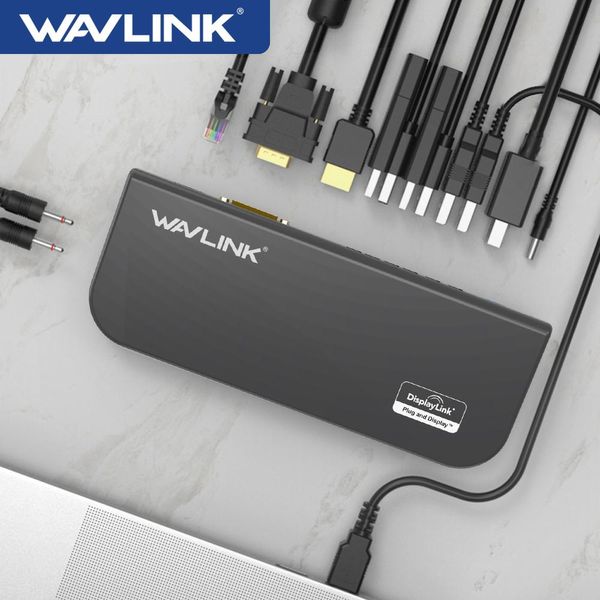 Станции Wavlink USB 3.0 Dock Station USB Hub Dual Video Display Monitor RJ45 Higabit Ethernet поддержка 1080p DVI/HDMICAMATIBLE