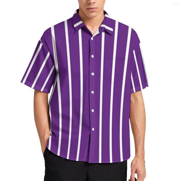 Camicie casual da uomo Camicie a righe verticali a righe bianche e viola Stampa camicia hawaiana Camicette moda a maniche corte Uomo 3XL 4XL