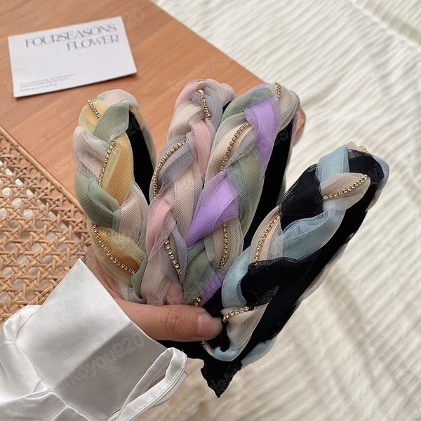 Corrispondenza dei colori Organza Twist Treccia Catene di strass Fascia per capelli Bordo largo Cerchietto per capelli Donna Accessori per capelli per trucco femminile