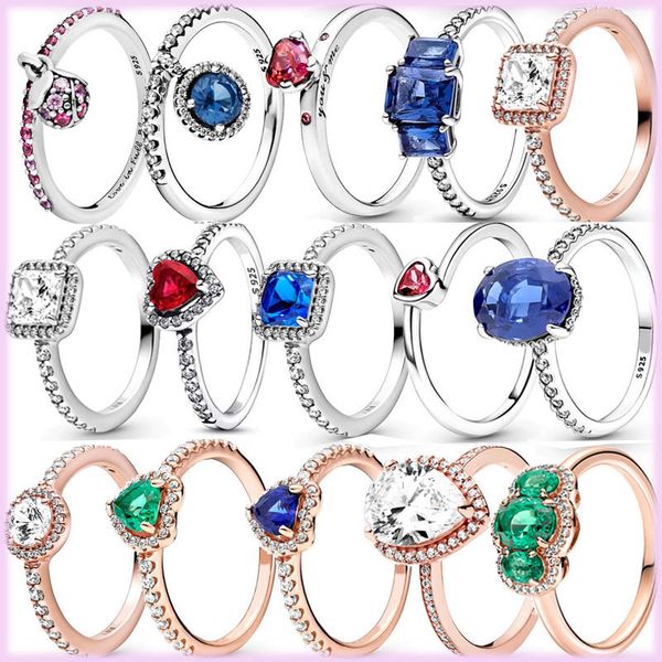 2023 Novo 925 Sterling Silver Pandora Ring Shining Love Heart Heart CZ Ring noivado Feminino Jóias de moda