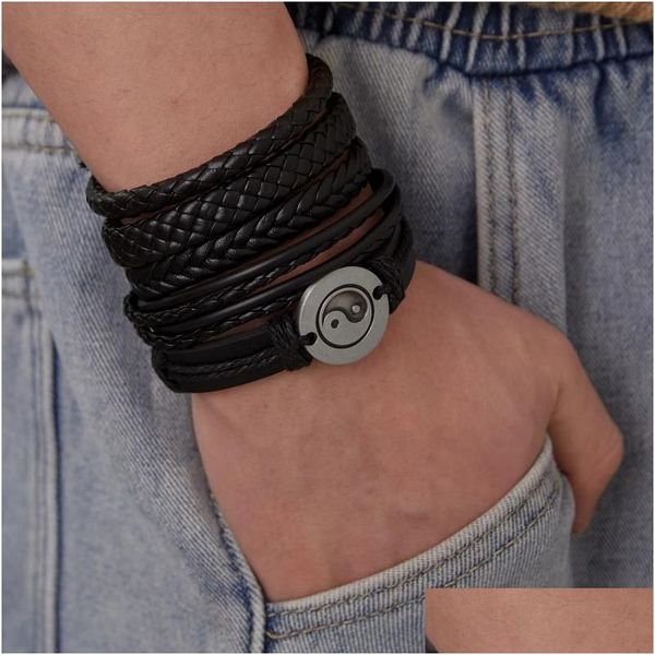 Perlenstränge Vintage schwarze Perlenarmbänder für Männer Mode Tai Chi Lederarmband Armreifen Mtilayer geflochtenes Seil breiter Tropfen DHCXB