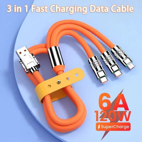 120 Вт 6A 3 в 1 1 -й зарядной кабель типа C Micro USB для зарядного кабеля для iPhone для Samsung Huawei Xiaomi Phone Charger USB Cable