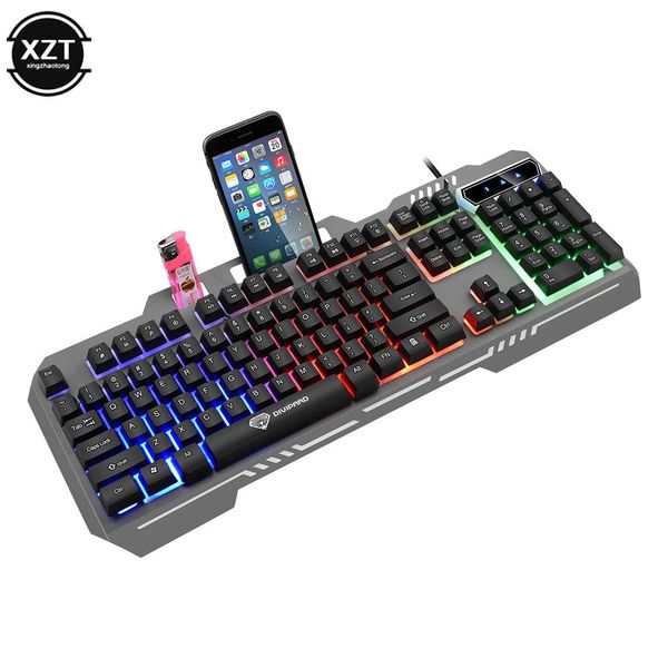 Combos USB-Gaming-Tastatur und -Maus, kabelgebunden, Metall-Panel-Tastatur, RGB-Hintergrundbeleuchtung, Telefonhalter, Tastatur-Maus-Kombi-Set, 1600 dpi