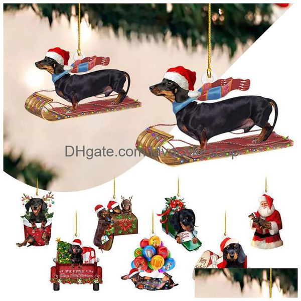 Decorações de Natal Árvore pendente de pingente de acrílico Santa Dachshund minúsculo miniatura de natal decoração de decoração de decoração de decoração de entrega dhxyc