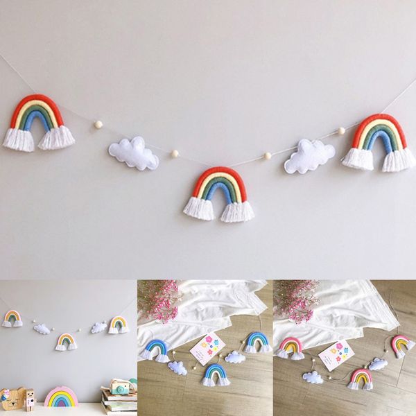 Peluche Roba da parete INS Feltro Nuvola per maglieria Lana Arcobaleno Nappa Appeso a parete Decor Boho Perline di legno Ciondolo ghirlanda Camera dei bambini Casa Nursery Decor 230526