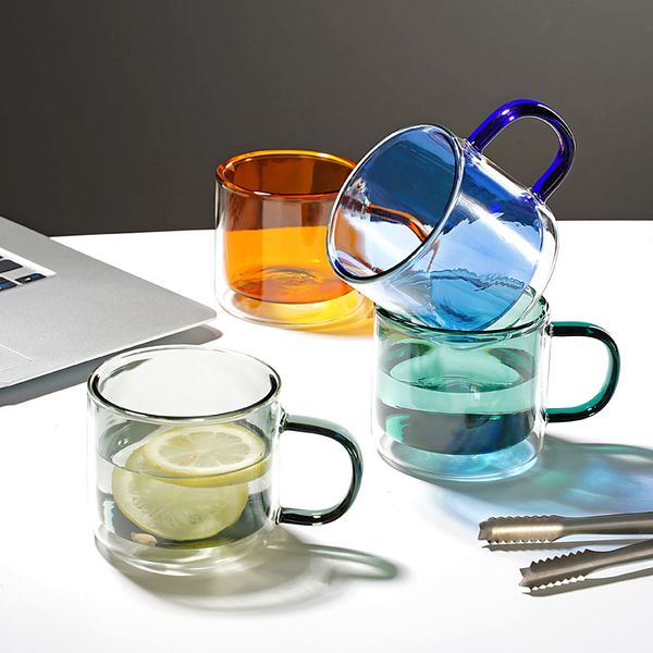 Xícara de vidro de camada dupla, xícara de café colorida com alça, chá de chá em casa fazendo copo de água