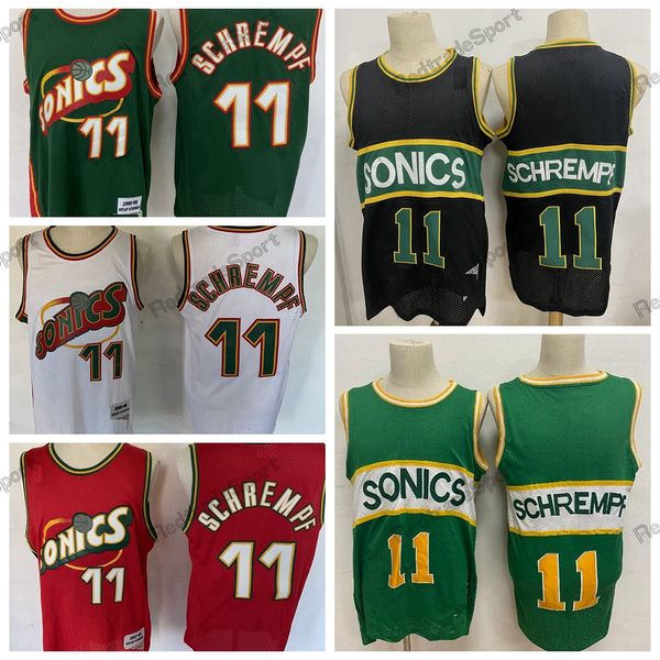 Erkek Seattle Vintage 11 Detlef Schrempf Basketbol Formaları 1995-1996 Siyah Yeşil Dikişli Gömlek