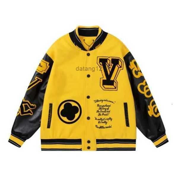 Homens bordados da moda unissex de tamanho grande Hip Hop Varsity Jaqueta de beisebol de couro Hi Street Loose Fit Letterman Casaco Outer;