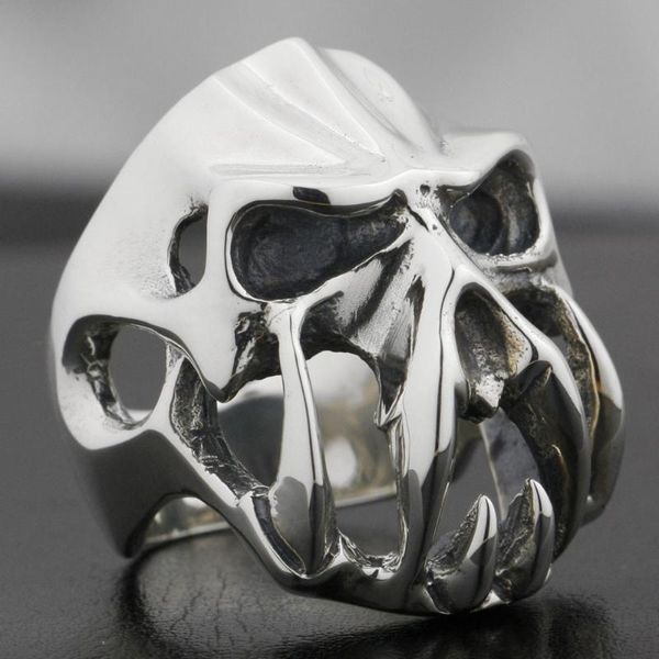 Ringos de cluster 925 Sterling Silver Devil Alien Alien Tiger Tooth Mens Biker Ring 8V004 Tamanho 7-15