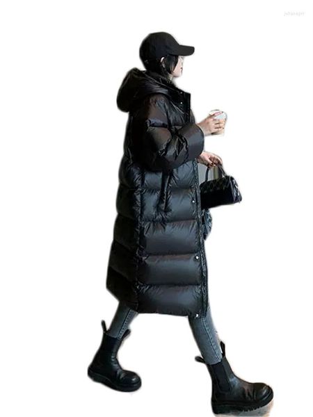 Trench da donna Piumino nero Piumino lungo invernale da donna 2023 Versione coreana del soprabito con cappuccio bianco anatra leggera
