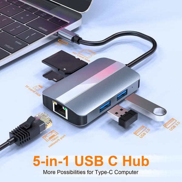 Estações 5in1 USB C Hub típico Adaptador de docking da estação de docking SD TF Card Reader RJ45 Ethernet USB 3.0 USB 2.0 para MacBook Matebook