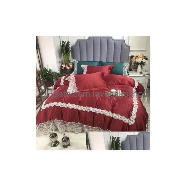 set di biancheria da letto di lusso vino rosso verde grigio bianco rosa seta lavata seta piumino letto federe in pizzo lenzuolo / lino cotone set er girl1 drop dhjac