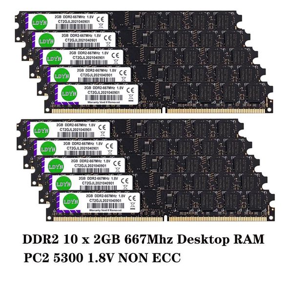 RAMS LDYN 10X2GB MEMAIS DE MEMÓRIA DE MEMÓRIA DE RAM MEMORIA DDR2 2GB 800MHZ 667MHZ PC2 6400 DDR2 RAM PC25300 Memória da área de trabalho