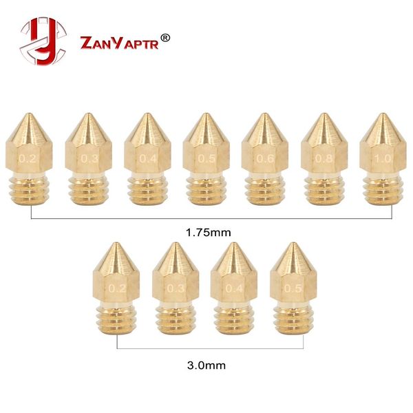 Digitalização 50pcs 3d Impressora Bocal de cobre Tamanhos misturados 0,2/0,3/0,4/0,5/0,6/0,8/1,0 mm Cabeça de impressão para extrusores para 1,75 mm 3,0 mm Mk8 MakerBot