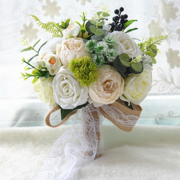 Декоративные цветы свадебная подружка невесты искусственные шелковые розы симуляция цветочных роз с атласной ленточной лентой букет свадебные аксессуары