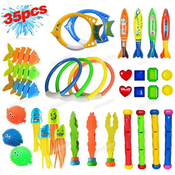 Sand Spielen Wasser Spaß 35 teile/paket Sommer Tauchen Spielzeug Tauchen Fisch Ring Torpedos Unterwasser Wasser Spiele Training Schwimmbad Geschenke set Spielzeug Für Kinder 230526